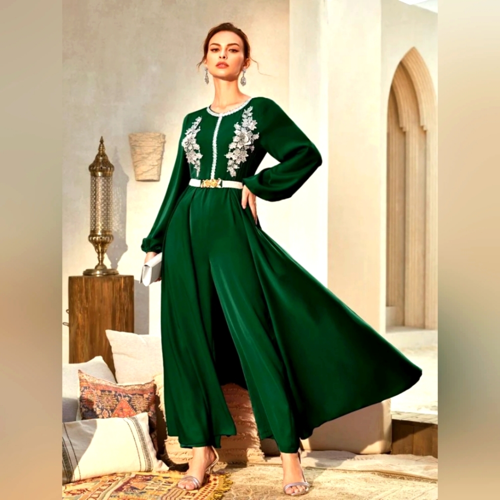 Floral Appliques Buckle Belted Overlay Jumpsuit